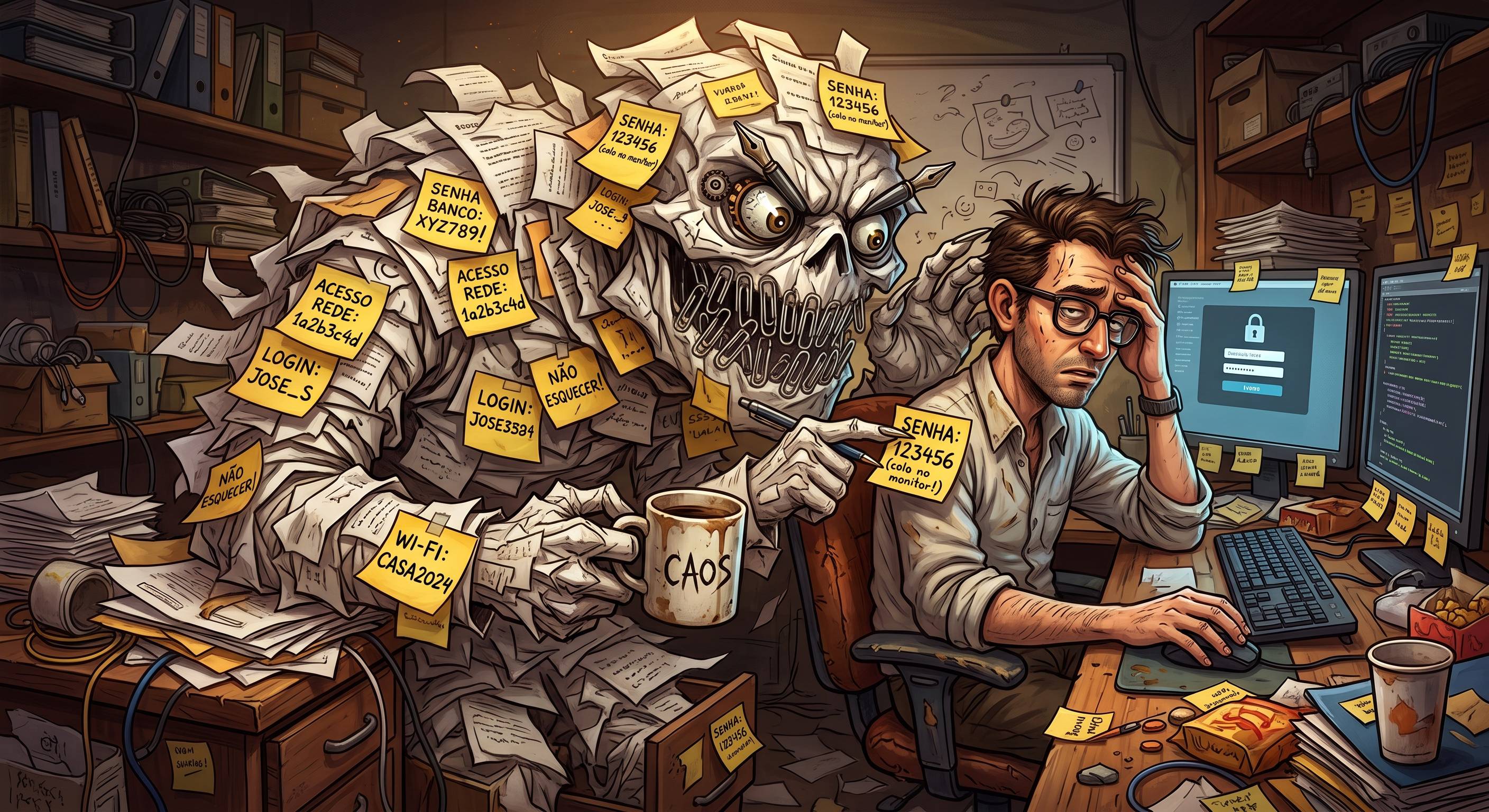Capa — Caos.ai: O Perigo Oculto dos Post-its e Senhas Expostas TECMARC